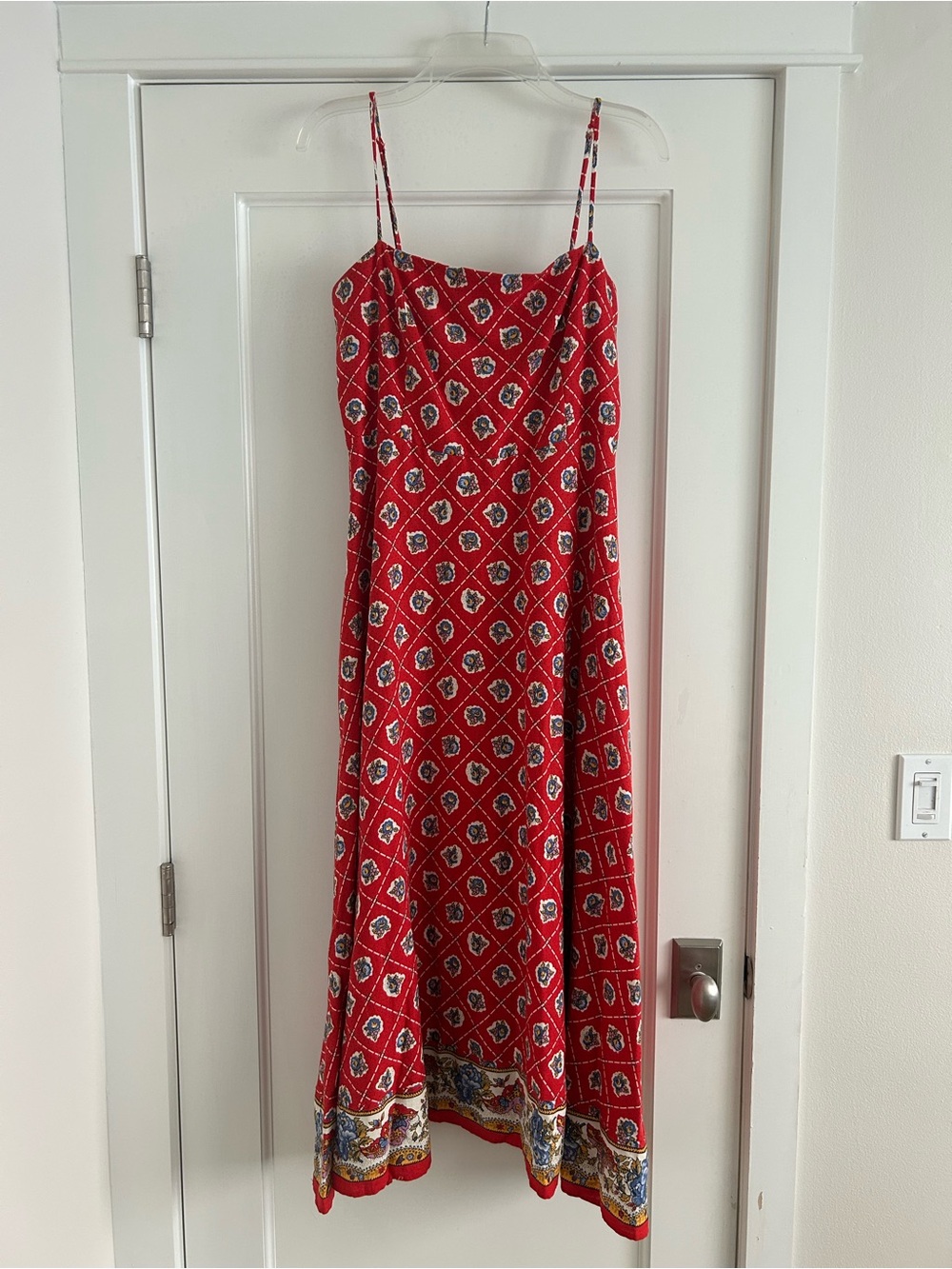 Wayf Red Printed Spaghetti Strap Maxi Dress with Border Hem